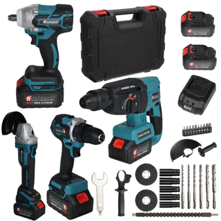 Kit 4 em 1 Ferramentas Bateria 50V Maleta Parafusadeira Furadeira Esmerilhadeira Lixadeira Martelete