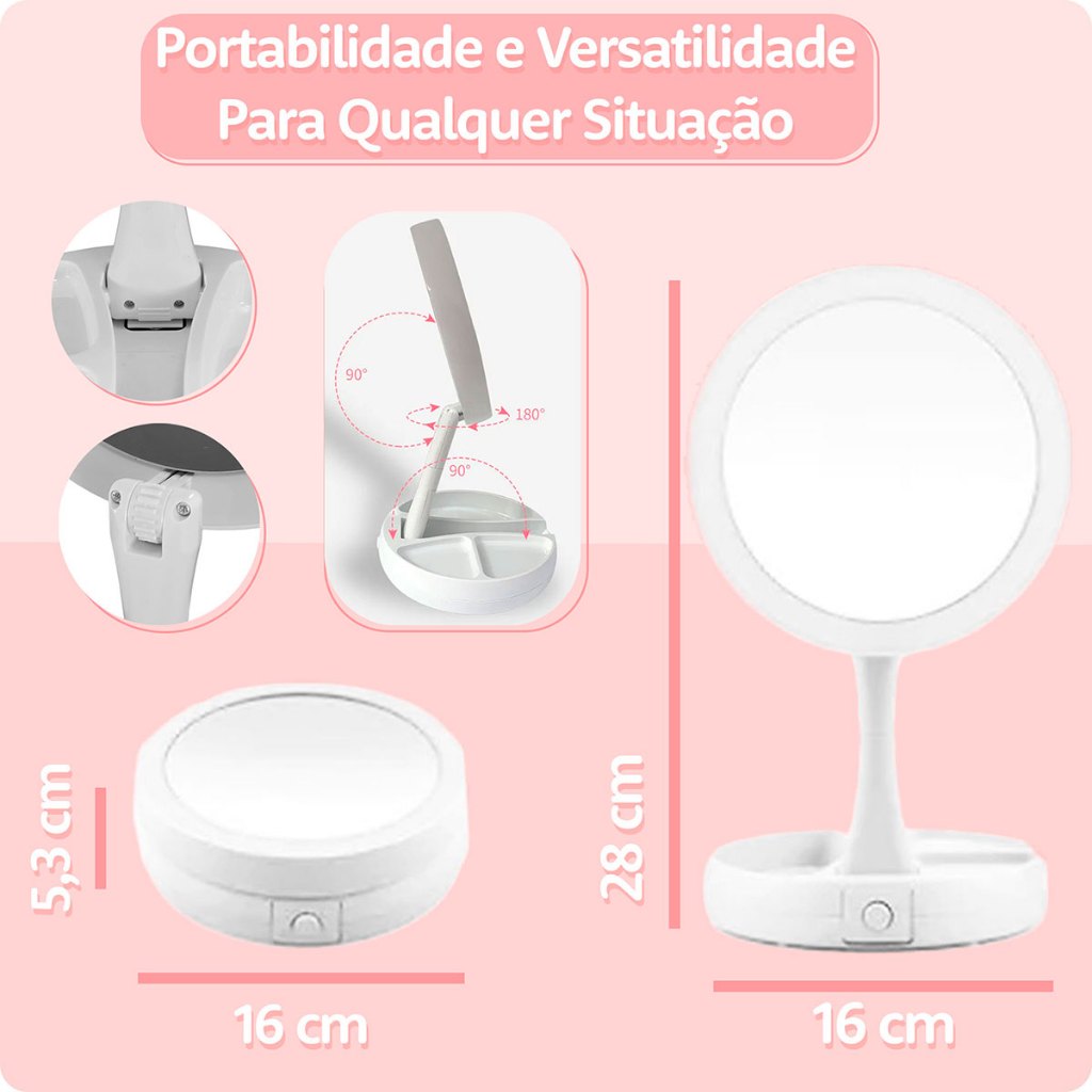 Espelho Maquiagem De Mesa Com Aumento 10x Dupla Luz Led Organizador Usb  Dobrável | Shopee Brasil