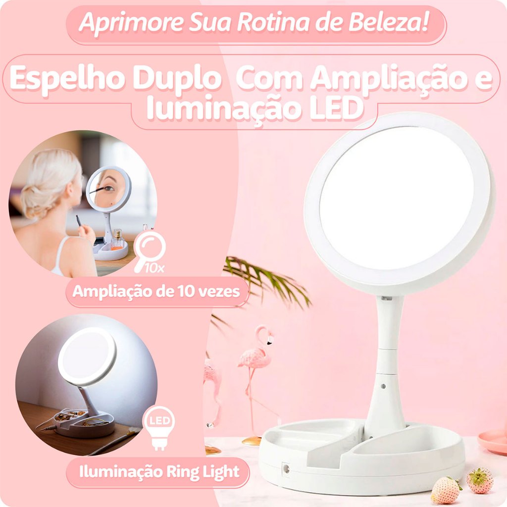Espelho Maquiagem De Mesa Com Aumento 10x Dupla Luz Led Organizador Usb  Dobrável | Shopee Brasil