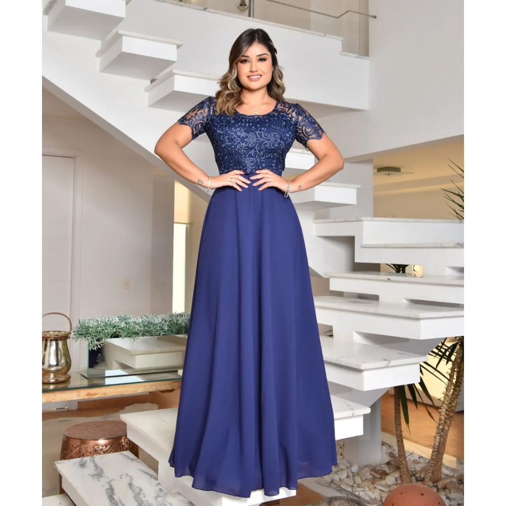 Vestido Social Vestido Longo Festa Com Manga Curta Vestido Social