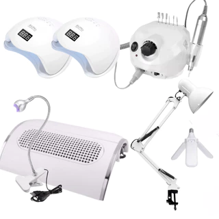 Kit Profissional Motor Nail Drill 50.000RPM + 2 Cabines Sun 5 Lanterna LED UV + Luminária Alongamento Unha Gel Manicure
