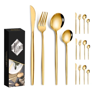 24 Peças Talheres Dourado de Aço Inox Garfo Colher Faca Colher De Mesa