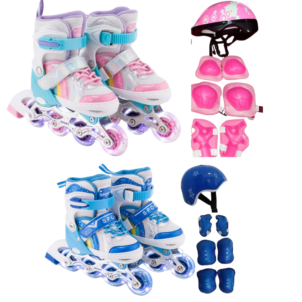 PATINS INFANTIL 4 RODAS ROLLER LED + KIT PROTEÇÃO SEREIA