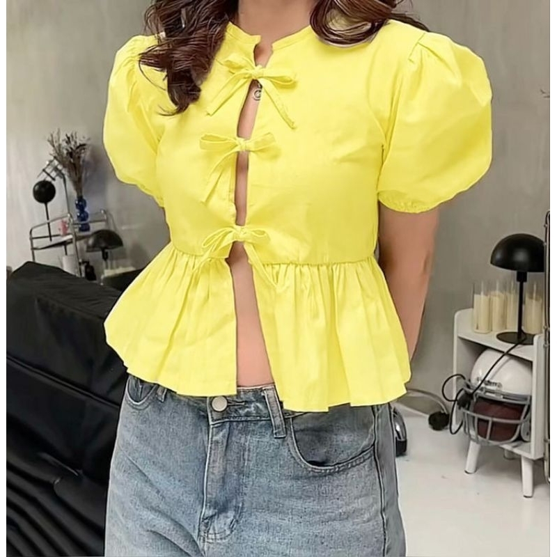 Camisa Cropped Peplum Alfaiataria Laços Moda Gringa