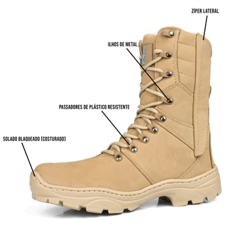 Bota Coturno Masculino Couro Bovino Tática Militar Com Zíper Tan