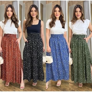 Saia Longa Feminina forrada com bolso fenda lateral