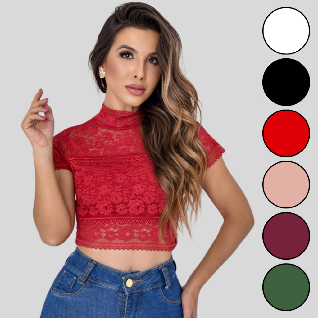 Cropped Renda Rendado Gola Alta Com Bojo | Shopee Brasil