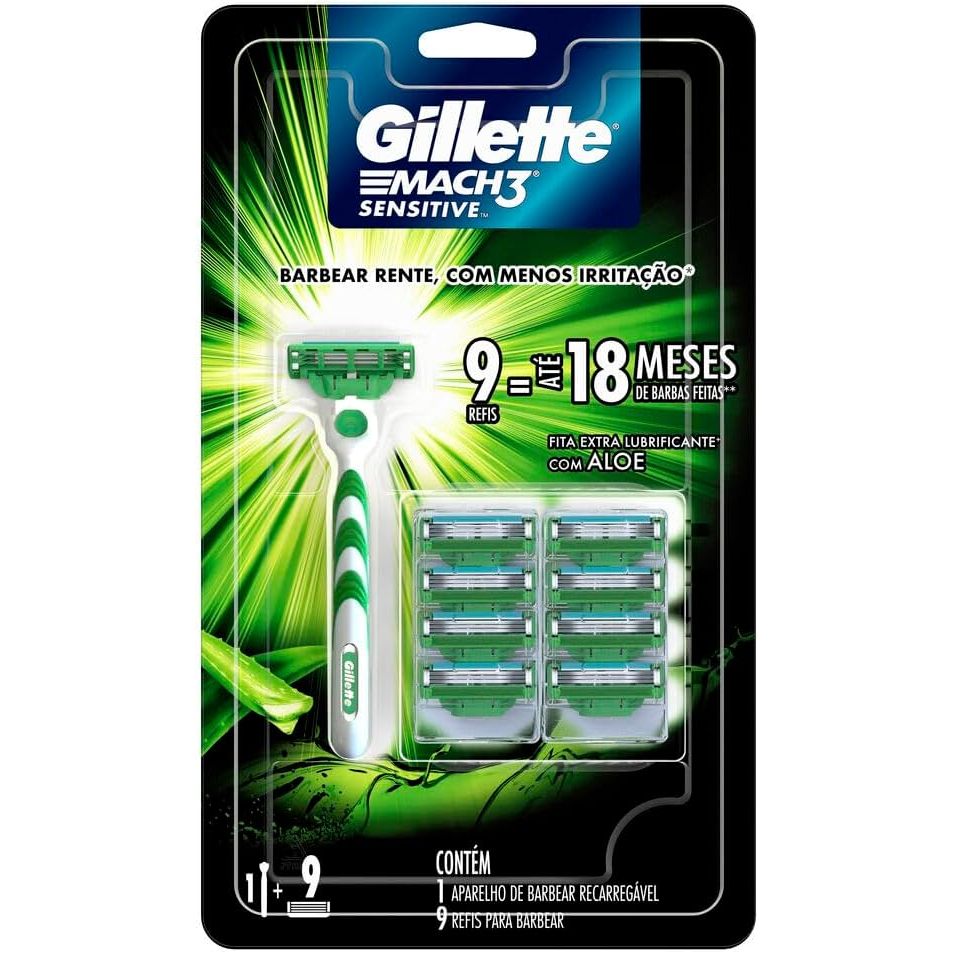 Gillette Mach3 Sensitive Aparelho de Barbear Recarregável + 9 Cargas com Aloe Vera, Peles Sensíveis