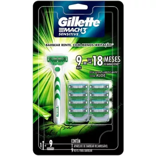 Gillette Mach3 Sensitive Aparelho de Barbear Recarregável + 9 Cargas com Aloe Vera, Peles Sensíveis