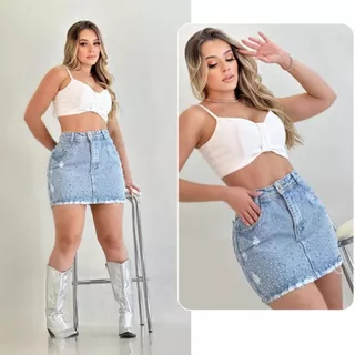Saia Jeans Feminina Curta Com Brilhos Tecido 100% Algodão