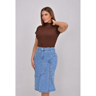 Saias Midi Jeans Evangélica Azul Com Botões Laterais Encapados Evasê Com Elastano Desfiada.