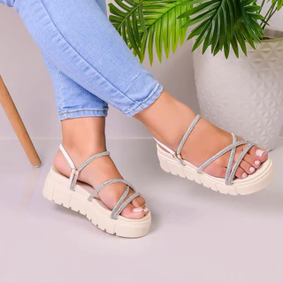 Sandalia Papete Feminina Birken Flat De Brilho Tiras Strass Sola Alta