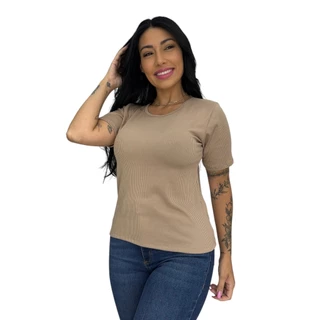 Blusa Canelada Básica com Manga Gola Redonda dia a dia /academia