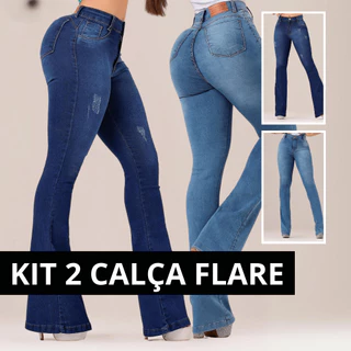 Kit 2 Calças Jeans Femininas Flare, Cintura Alta, Levanta Bumbum, Elastano, Conforto e Estilo Casual