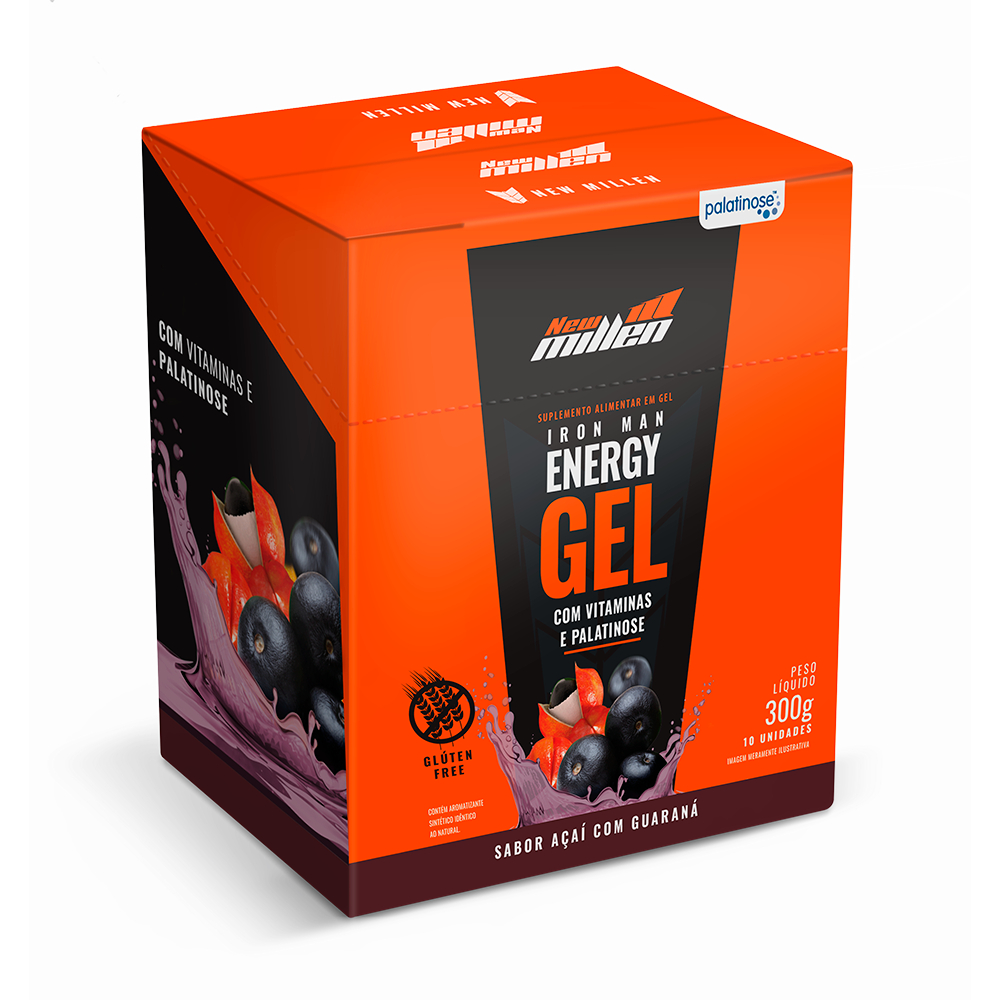 New Millen Iron Man Energy Gel Display 10 Sachês 30g Cada (Gel de Carboidrato Sem Cafeína)