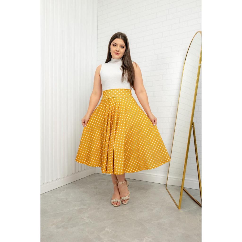 Moda Evangelica Saias Estilo Anos 80 SAIA MIDI GODÊ POÁ EM AMARELO