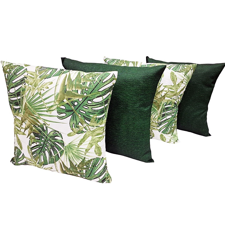 Kit 4 Capas Almofadas 45 X 45 Cm 2 Estampadas Costela De Adão, Rafia VERDE e 2 Lisas VERDE Com Zíper