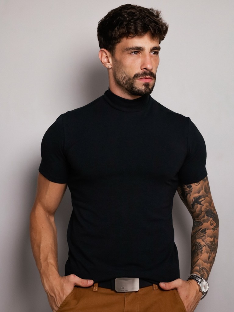 Camiseta Masculina Gola Alta Esporte Fino Slim Ribana Canelada Casual ...