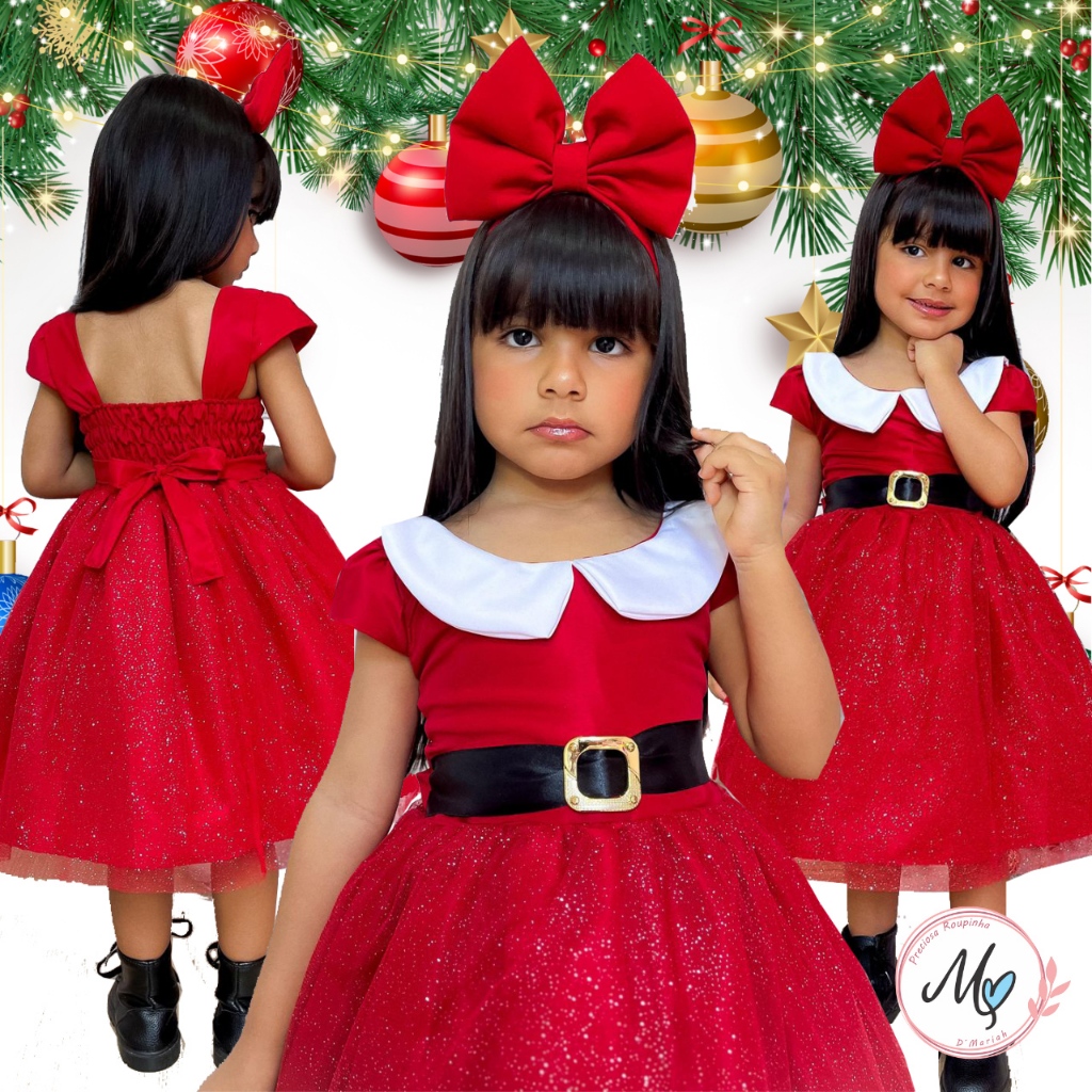 Vestido Infantil Natal Menina Natalino Criança Vermelho Mamãe Noel Festa Luxo Roupa Menina
