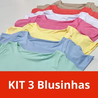 KIT 03 Blusinhas Manga Curta Grécia Básica Elegante