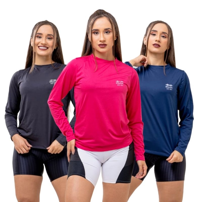 Camisa Proteção Solar Feminina Manga Longa UV 50+ Camiseta Térmica Lisa ...