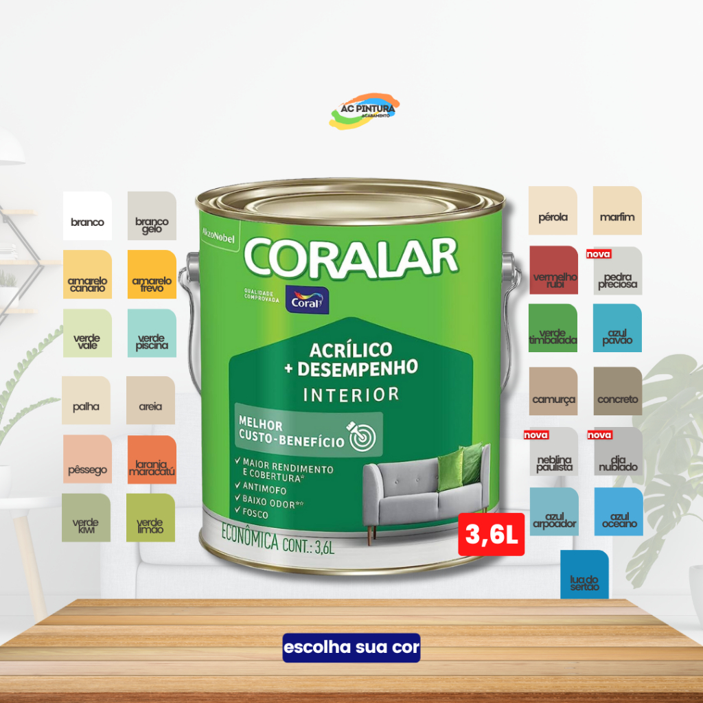 Tinta Coral Coralar + Desempenho Acrílico Antimofo 3,6 Diversas Cores ...