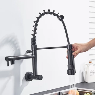 Torneira Cozinha Gourmet De Parede Com Pulverizador Retrátil Com Bica Dupla Cor Preto Fosco Yesop