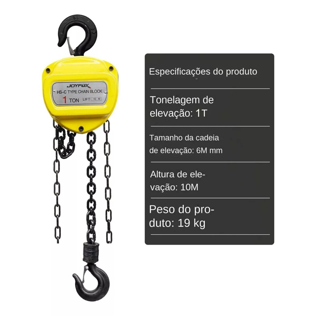 Talha Manual Capacidade 1 Tonelada Corrente 10m Freio Duplo