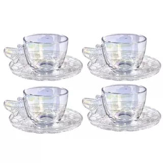 Jogo 4 Xícaras Pires Café 80ml Bee Abelhas Furta-cor Rainbow