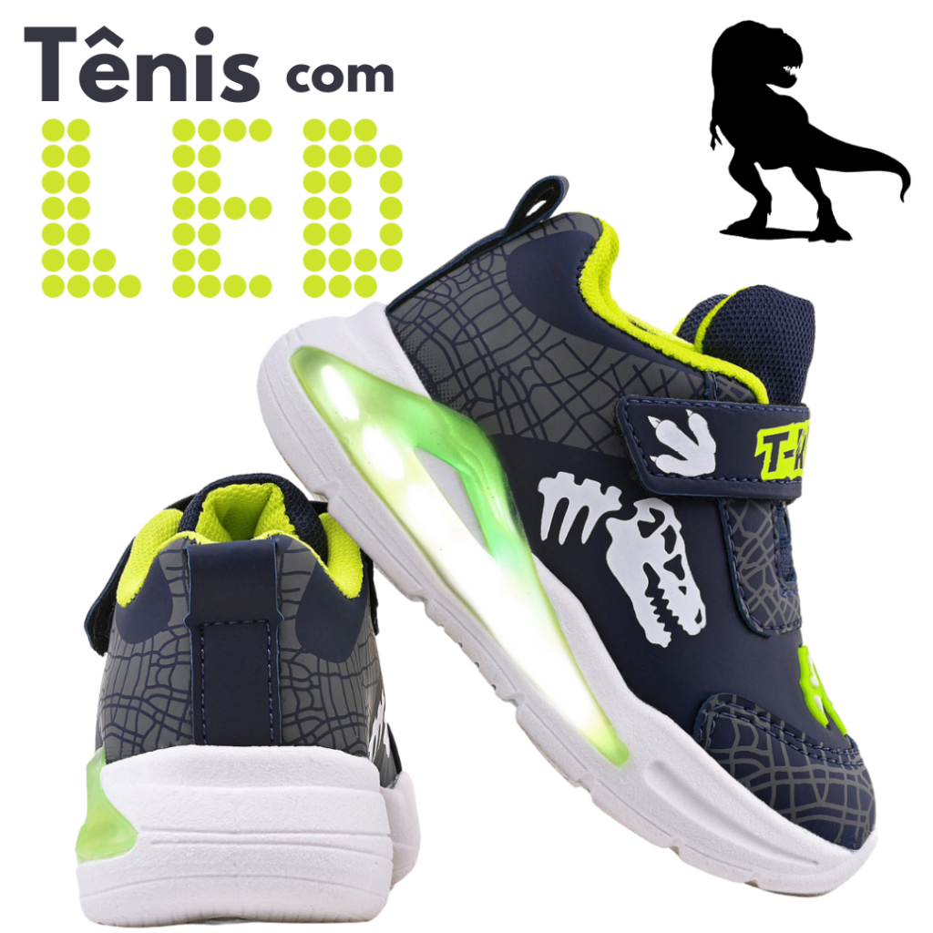 Tênis Infantil Menino com Led Dinossauro - Tênis Masculino com Velcro Minipé Original