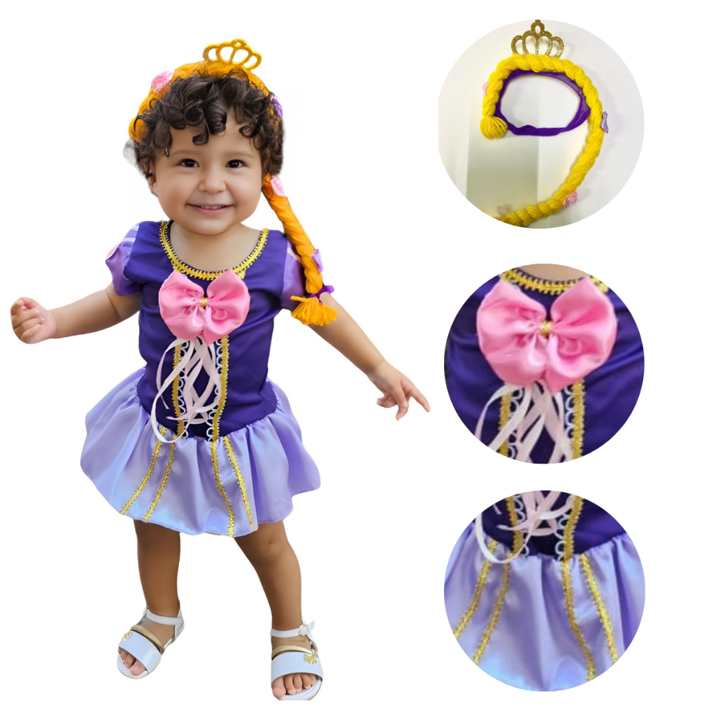 Fantasia Mesversario Princesa dos Cabelos Longos bebe com trança ...