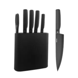 Jogo de Facas 6 Peças com Suporte Aço Inoxidável e ABS na cor Preto - Linha Action Brinox em Oferta na Shopee