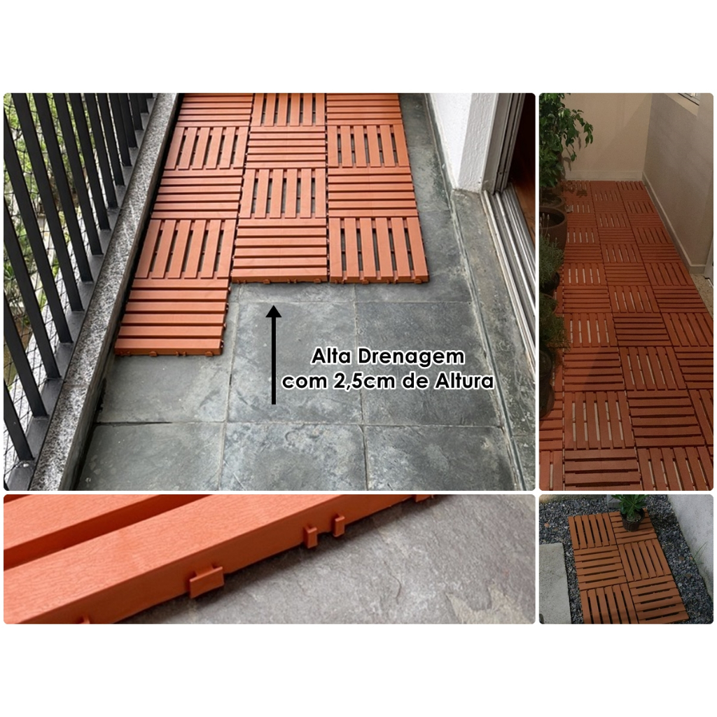 KIT 60 Decks modular 30x30 textura madeira plástico encaixe modular Decks Piscina Jardim Banheiro Sauna