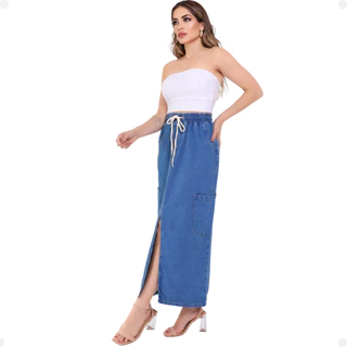 Saia Midi Jeans Cintura Alta Longa Com Fenda Moda Premium