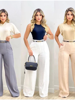 Kit 3 Pantalona Feminina ZARA Cintura Alta Com Cinto Calça Alfaiataria Modelo Elegância Luxo Tendencia Blogueira
