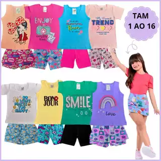 Roupa Infantil 8 Peças Feminino Menina Conjunto Verão Juvenil 4 Blusa 4 Short Algodão 1 ao 16