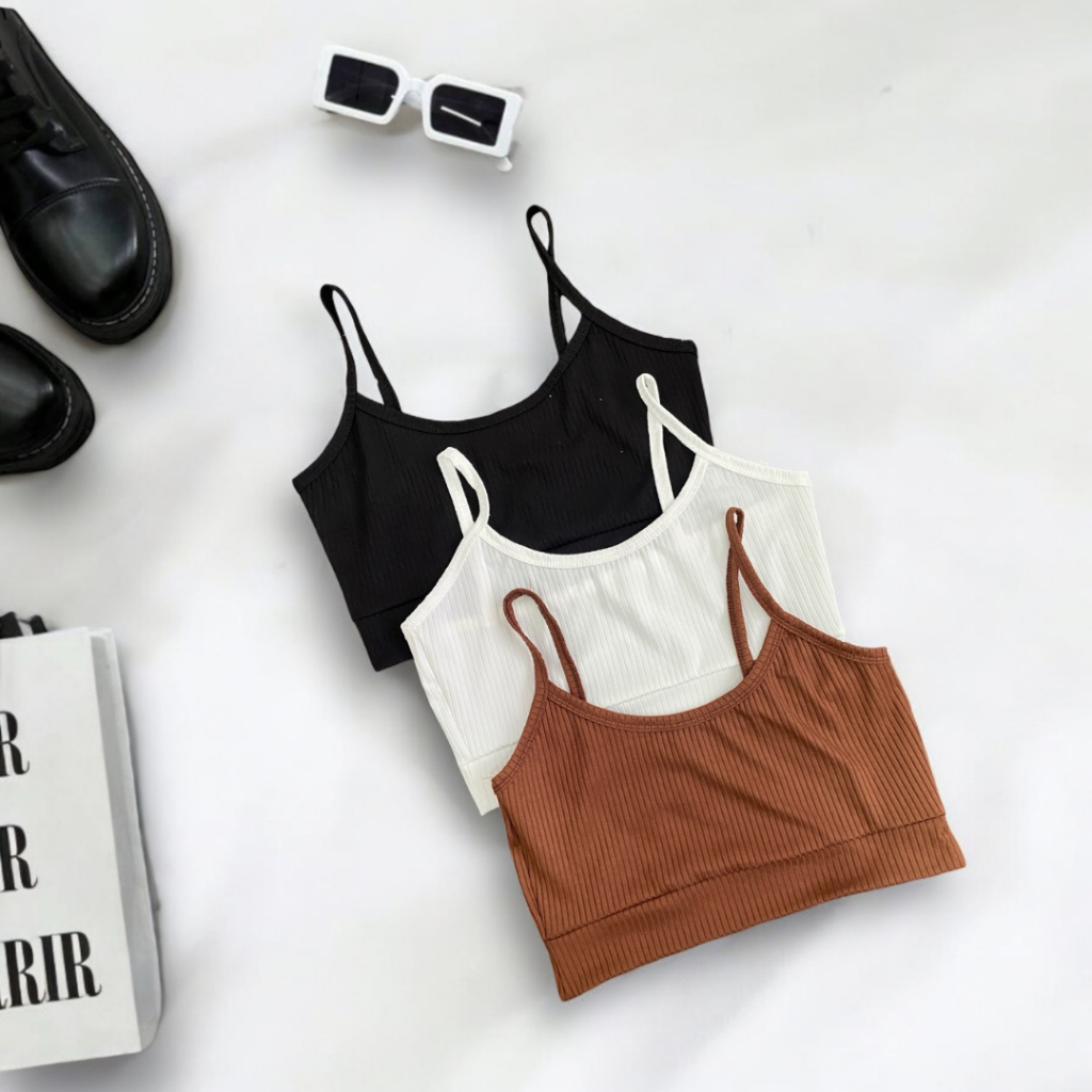 Kit 3 Top Academia Cropped Alça Canelado Feminino Básico