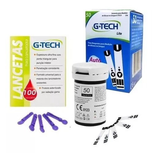 50 Fitas Tiras Reagentes G-tech Lite Glicemia + 100 Lancetas