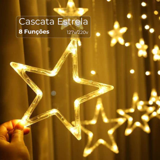 Cascata Estrela com 8 Funções Iluminação Natalina 138 LED Decoração de Natal Luxo 2,5 metros Pisca-pisca Alta Qualidade