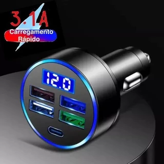 Carregador De Carro Turbo 250W 12v Para 5 Portas Carga Rápida Turbo1 USB-C 2 USB 2.0