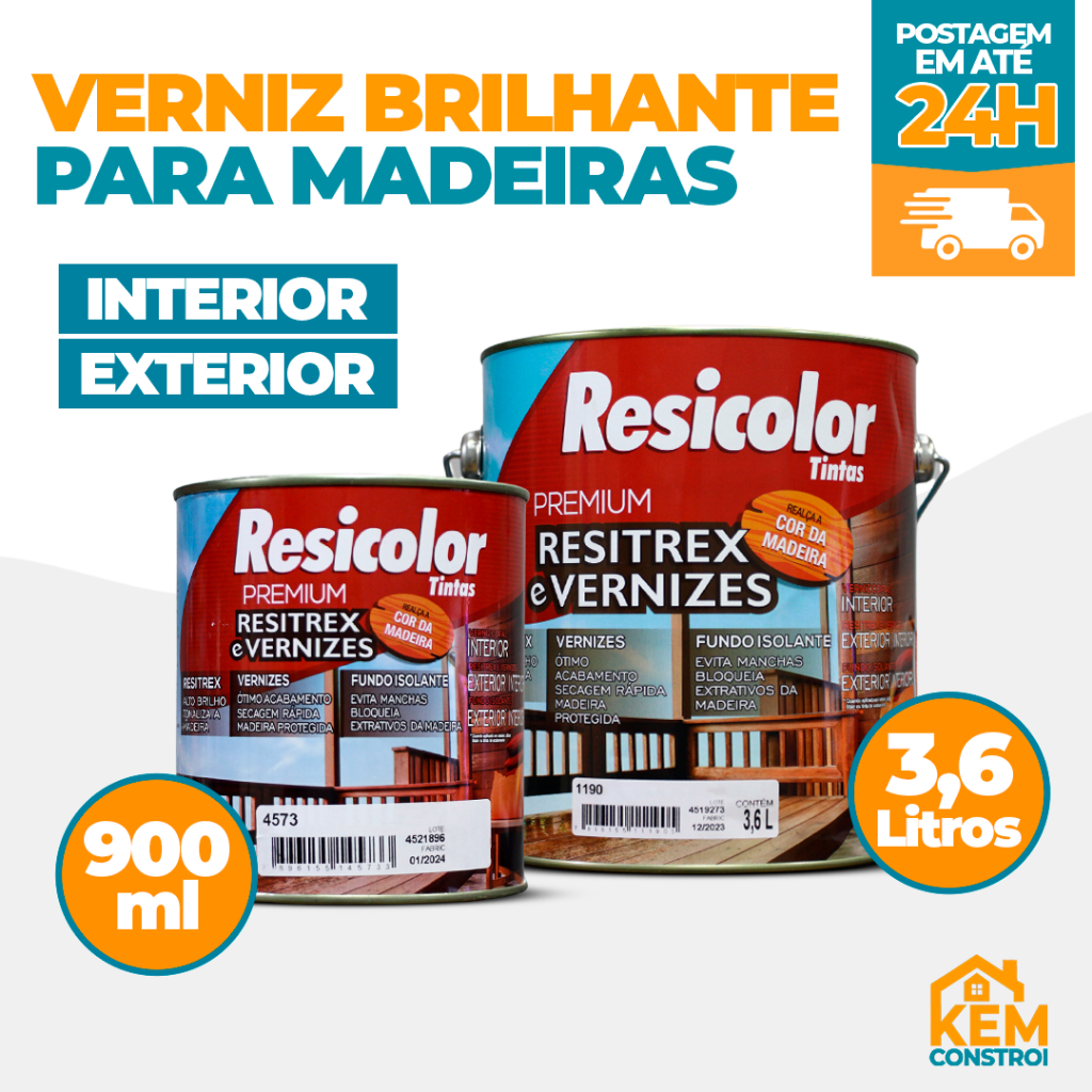Verniz Brilhante Para Madeiras Resicolor 900ml/3,6l