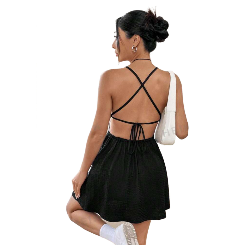 vestido costa nua trançado moda blogueira casual coladinho curto verão detalhe decote com alça delicado feminino