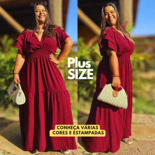 Vestido Longo Plus Size Moda Evangélica Manga Três marias Soltinho Gestante Levinho Elegante