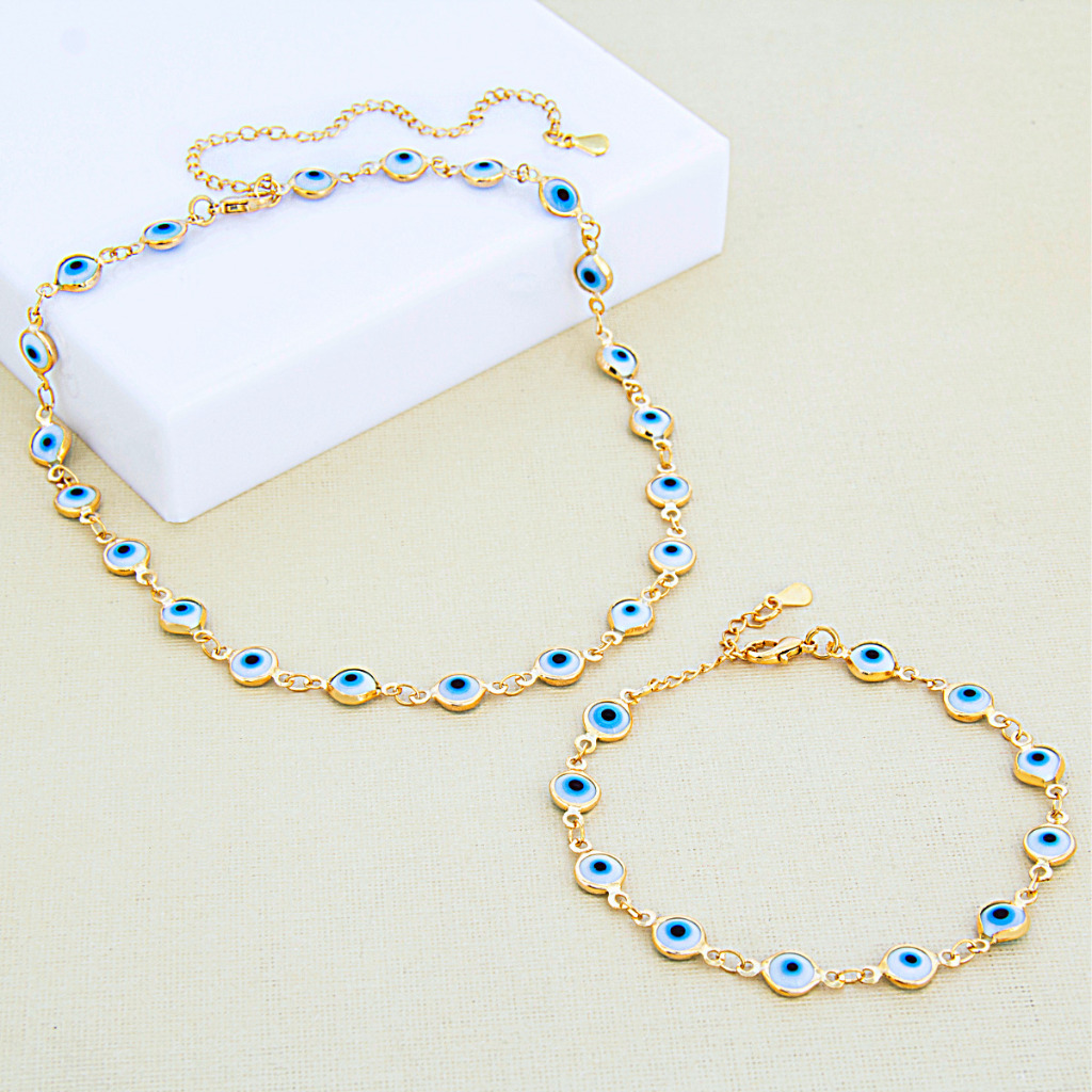 Kit Conjunto Colar Com Pulseira Olho Grego Feminino Moda Semi Banhda a Ouro Com saquinho de veludo | Shopee Brasil