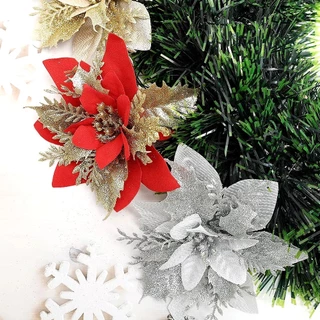 Kit 12 Flores Natal Decoração Dourado Prata Árvore Luxo