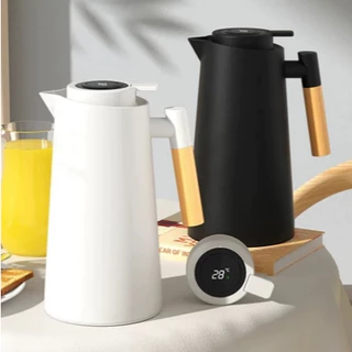 Garrafa Térmica Termometro Digital 1L Café Chá Nórdica Com Cabo Madeira