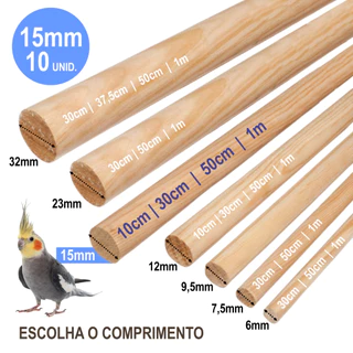 Cabo Bastão Vareta 15mm para Poleiro Artesanato Madeira Pinus Liso - 10 unidades