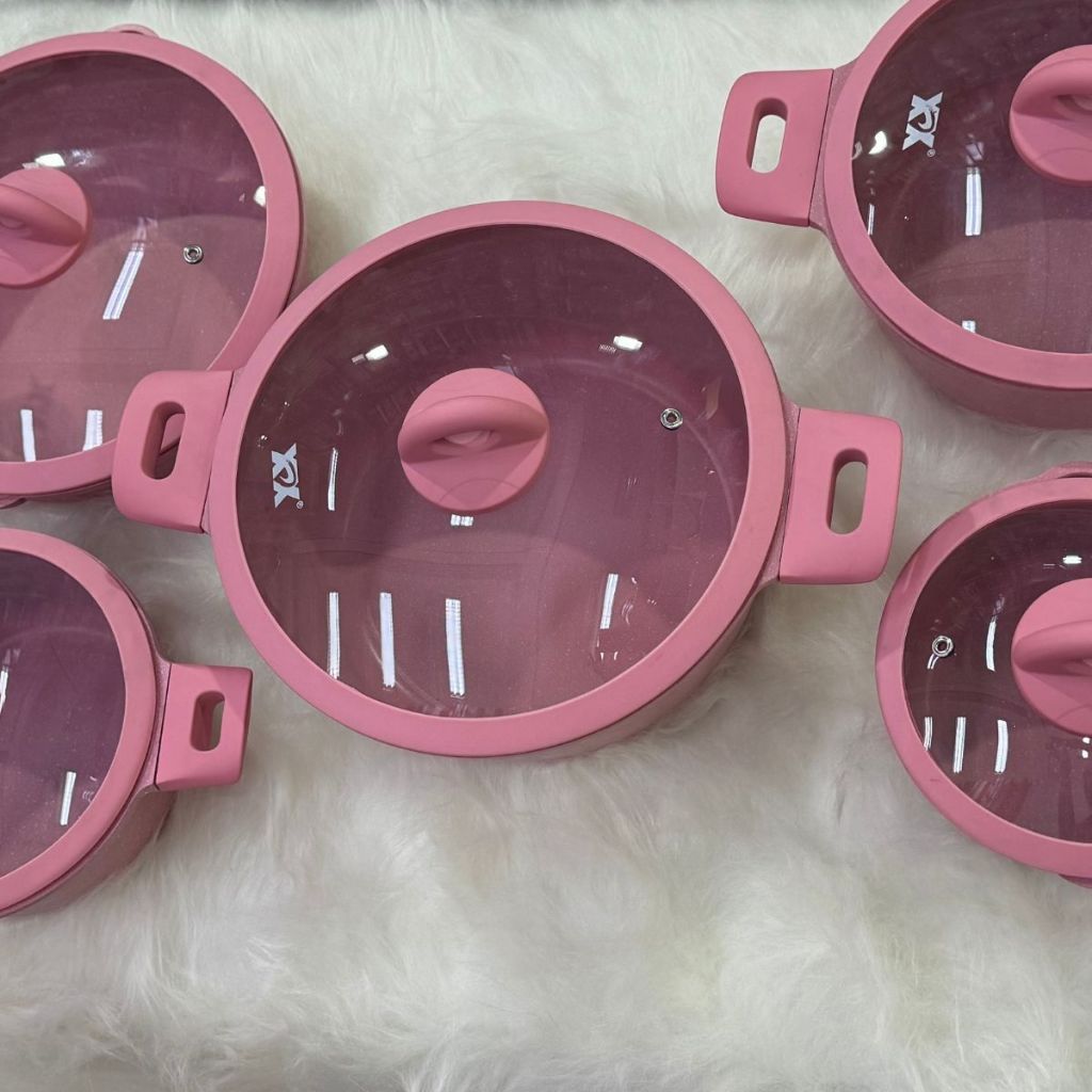 Panelas de Cerâmica com indução Kit 5 – Rosa com Cabos e Alças de Silicone Confortáveis