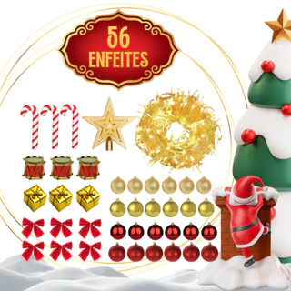 Kit 56 Enfeites Árvore De Natal 3cm Bolinhas Pendentes Ponteira Pisca Pisca e Laços Decoração Natalina Completa