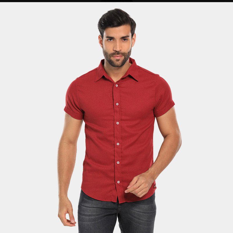 Camisa Masculina social Slim gola italiana manga curta tecido linho com algodão